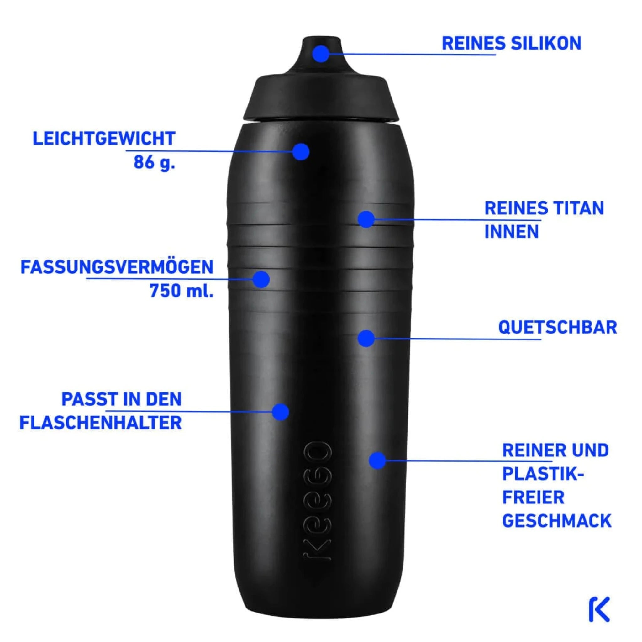 KEEGO Cycle, Sportflasche & Bidon mit EasyClean Cap, 750 ml, Generation 04, Aussenhülle aus Recycling Material, DARK MATTER - schwarz - RISK iT! BIKE CARE